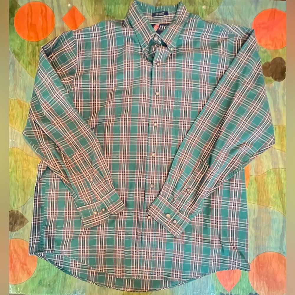 Vintage ITC Men's Long sleeve button down collared shirt PLAID Green Red Large